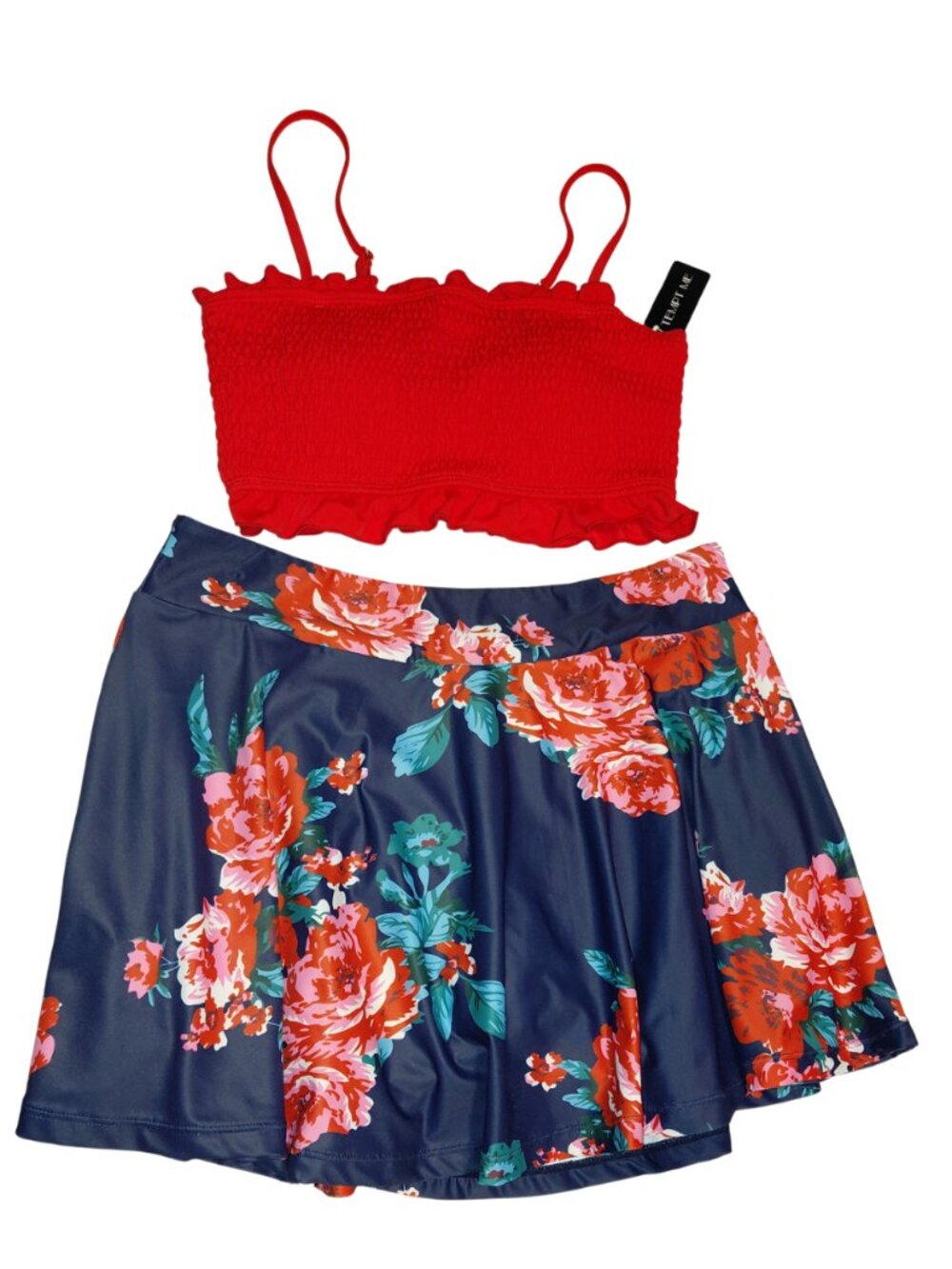 Tempt Me Swim Top Red Small & Style Zone Swim Skirt - Floral - Medium